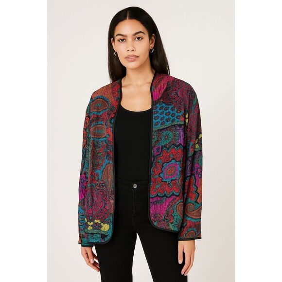 Vintage Chico’s 100% Silk Quilted Open Front Boho Paisley Jacket - Picture 1 of 9